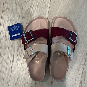 Birkenstock Burgundy and Beige Sandals